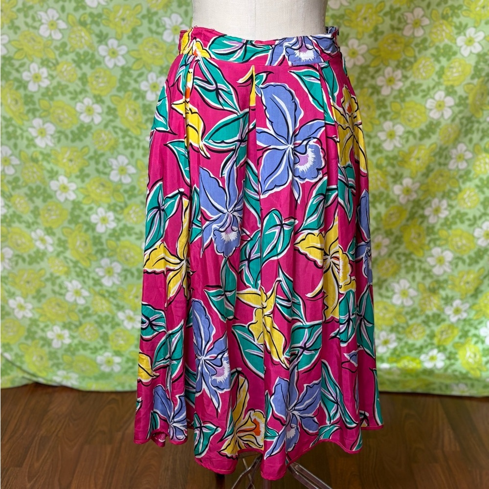 Vintage 90s Chaus A-line Pleated Midi Skirt Floral Pink Boho Size 10 Teacher